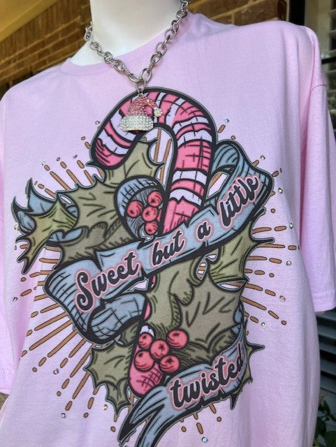 Sweet But a Little Twisted Christmas T-Shirt with Crystals