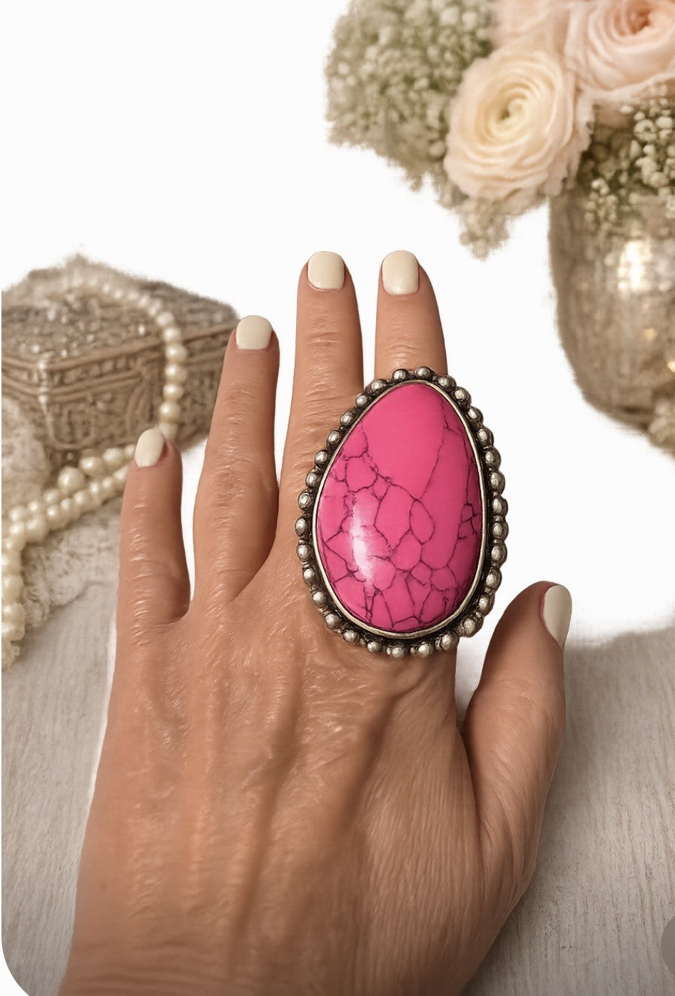 Silver/Pink Oversized Stone Ring