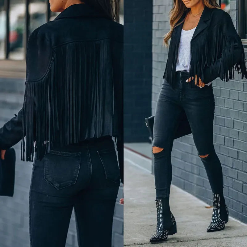 Blaze Fringe Crop Jacket-Black