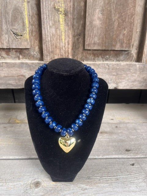 Navy Blue Necklace with Gold Heart