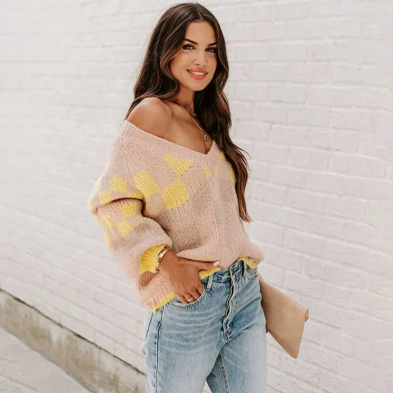 Checkerboard Magic V-Neck Sweater--SALE ITEM