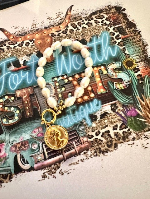 White Pearl Bracelet with Gold Coin Charn