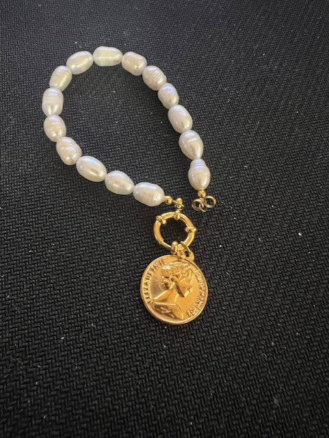 White Pearl Bracelet with Gold Coin Charn