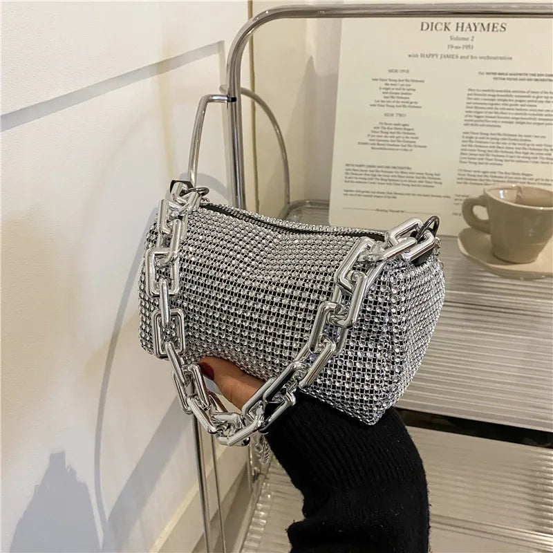 Glitzy Bag with Silver Chain-Silver or Black