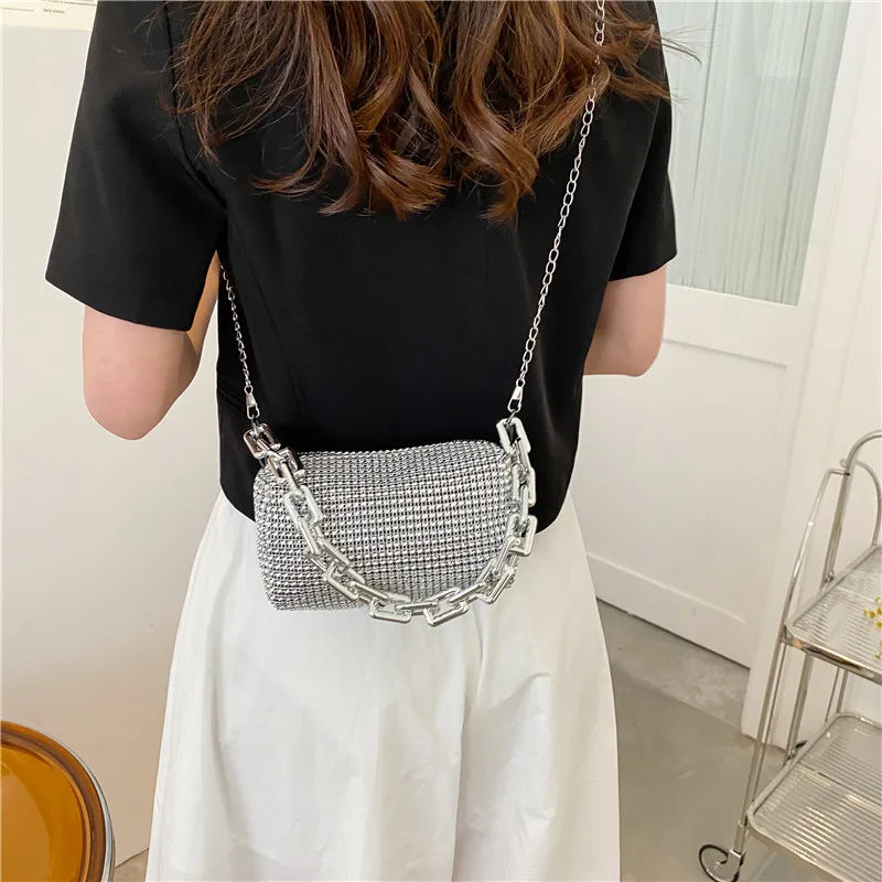 Glitzy Bag with Silver Chain-Silver or Black