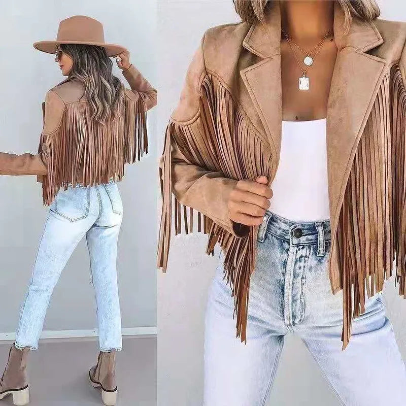 Blaze Crop Fringe Jacket - Tan