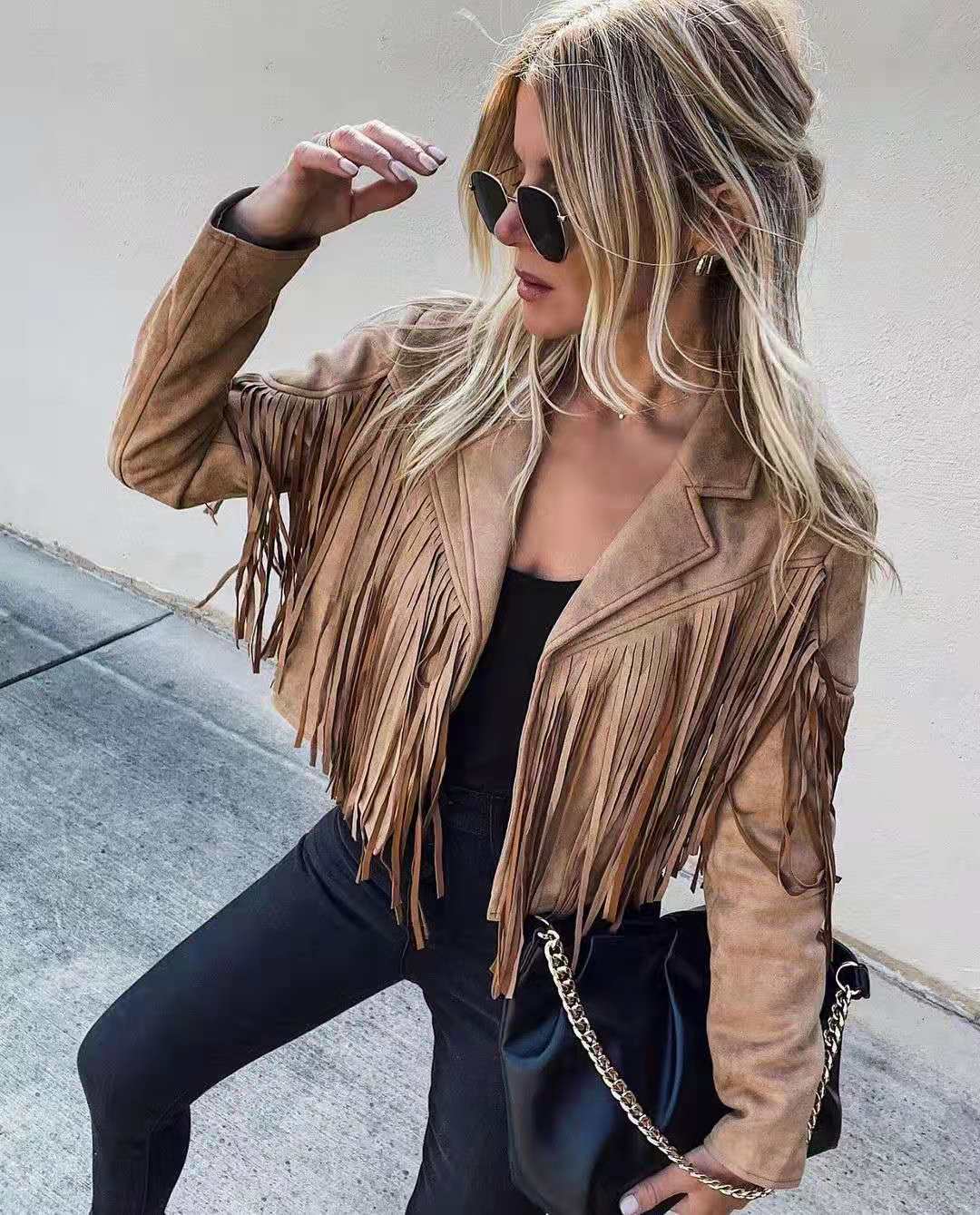Blaze Crop Fringe Jacket - Tan