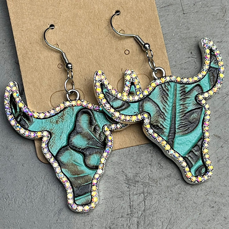 Cow Skull Earrings-Turquoise and Rhinestone