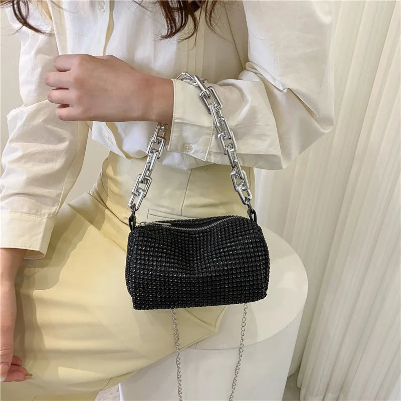 Glitzy Bag with Silver Chain-Silver or Black