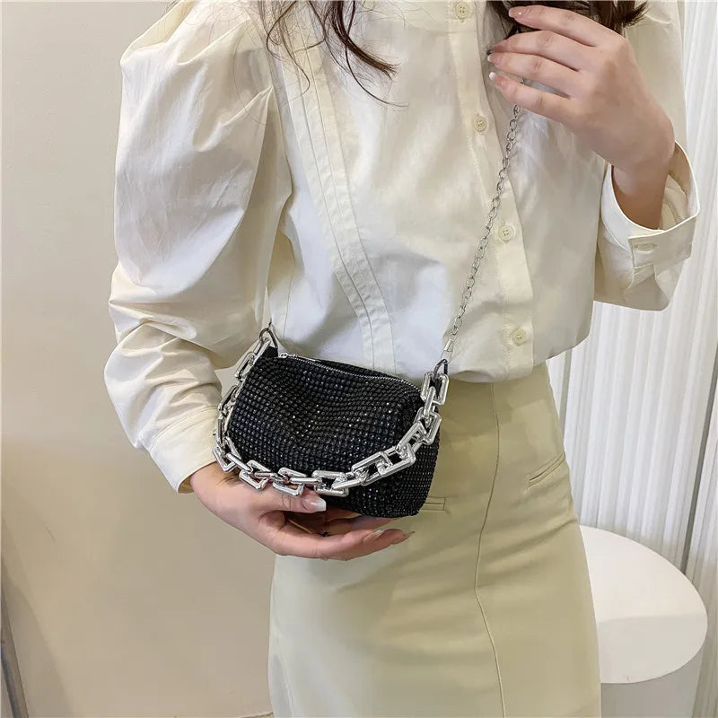 Glitzy Bag with Silver Chain-Silver or Black