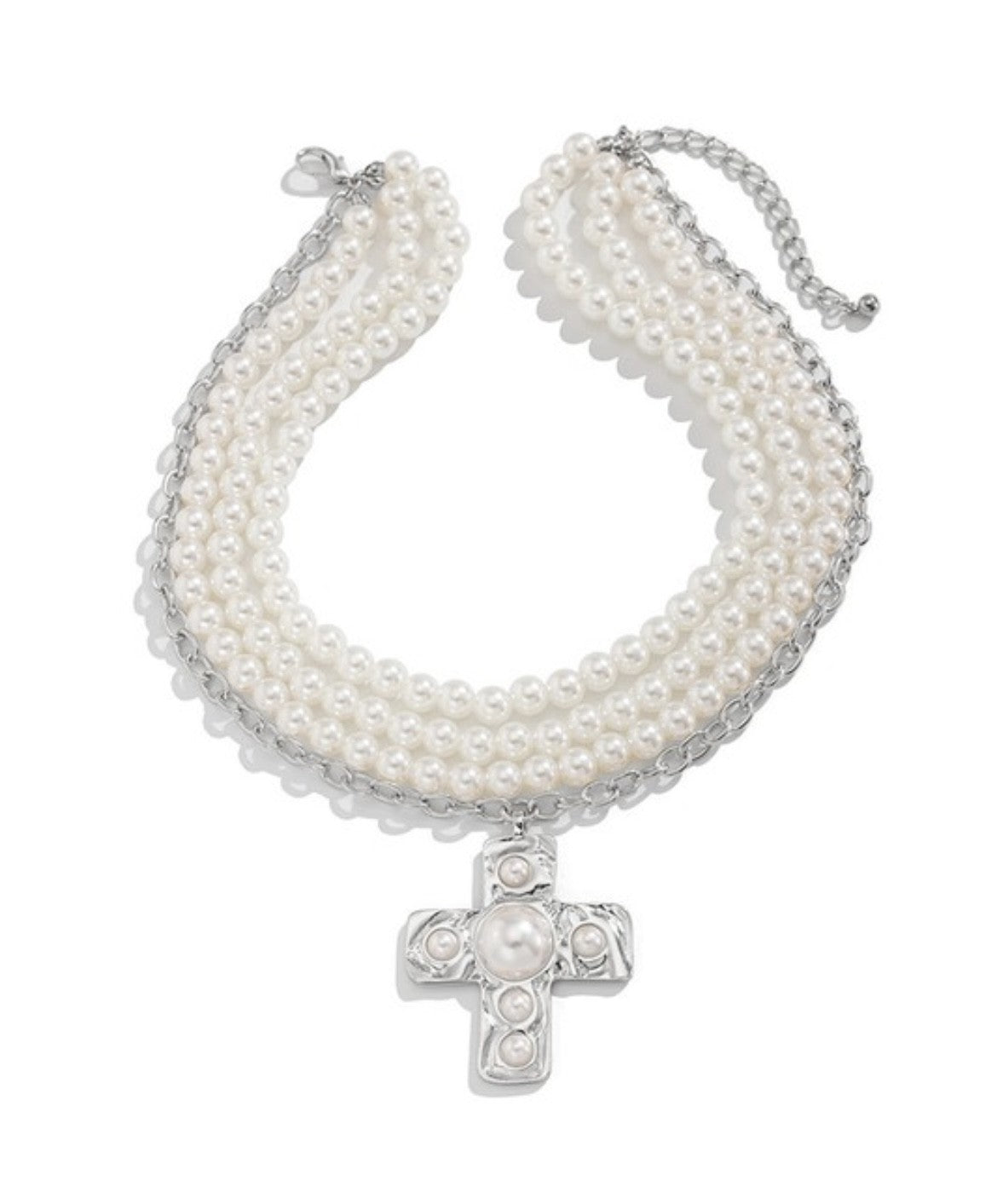 Cross Alloy Pendant Pearl Beaded Necklace in Gold or Silver