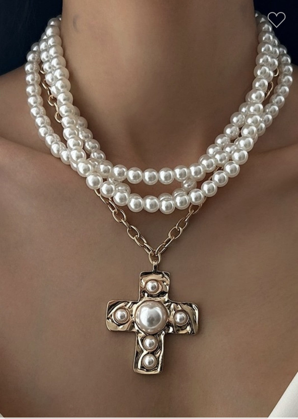 Cross Alloy Pendant Pearl Beaded Necklace in Gold or Silver