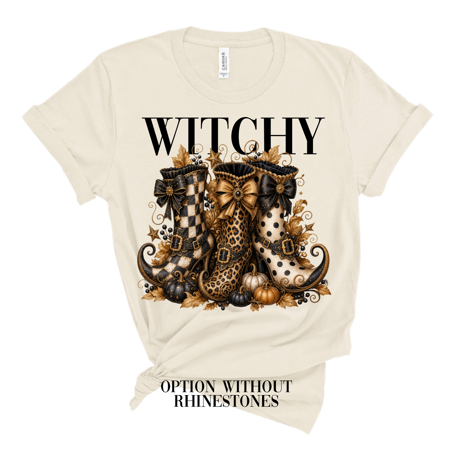 Witchy Boots Blingy Rhinestone Graphic Fall Tee: YES / Unisex Short Sleeve Tee / L