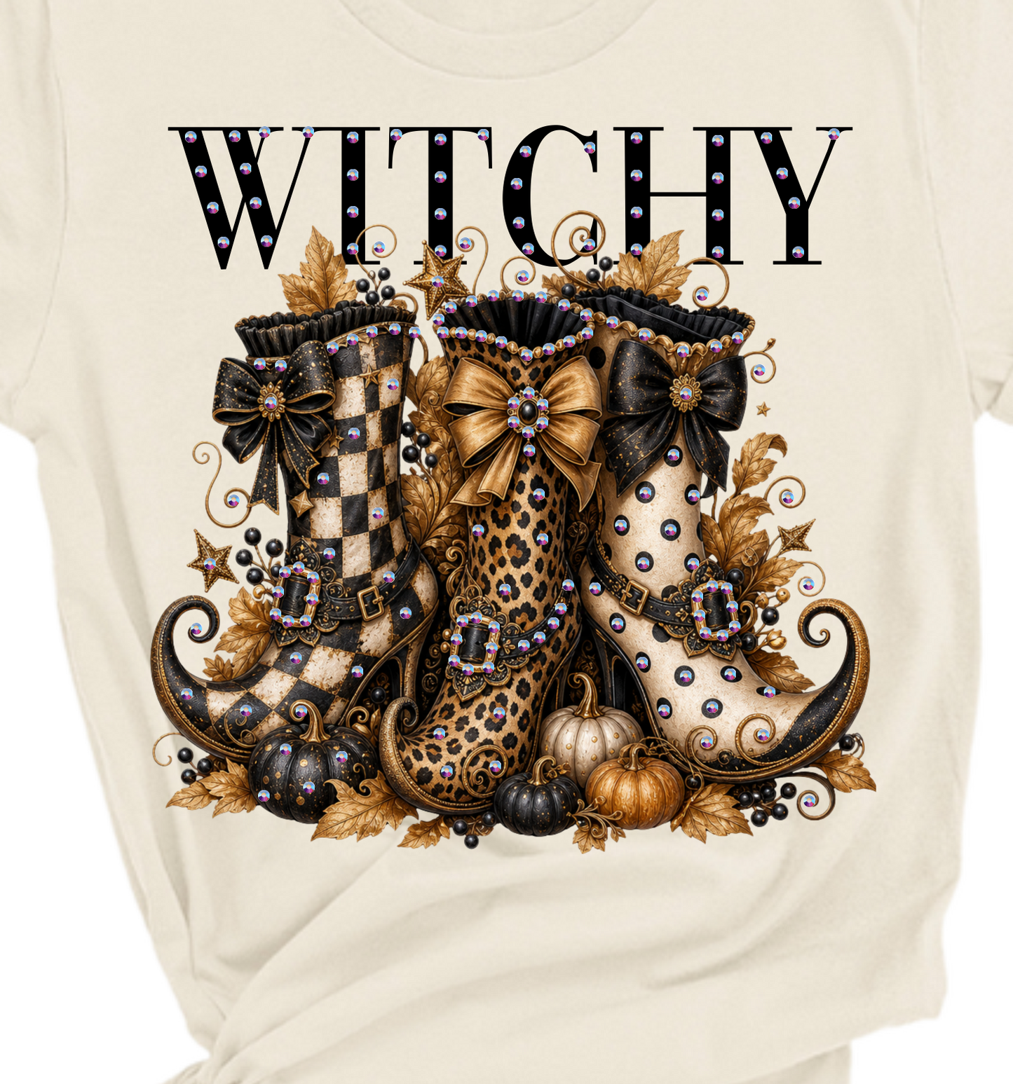 Witchy Boots Blingy Rhinestone Graphic Fall Tee: YES / Unisex Short Sleeve Tee / L