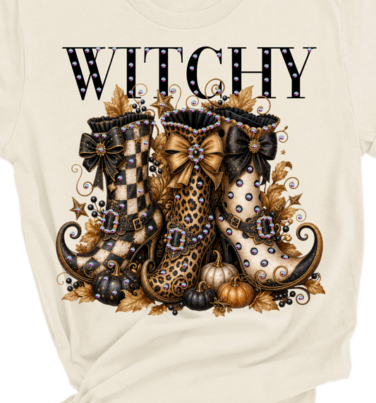 Witchy Boots Blingy Rhinestone Graphic Fall Tee