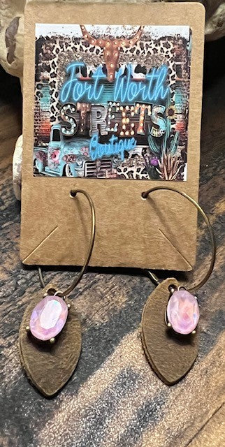 Brown Leather Pink Stone Earrings