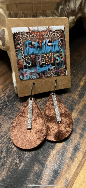 Brown Velvet Bling Bar Earrings