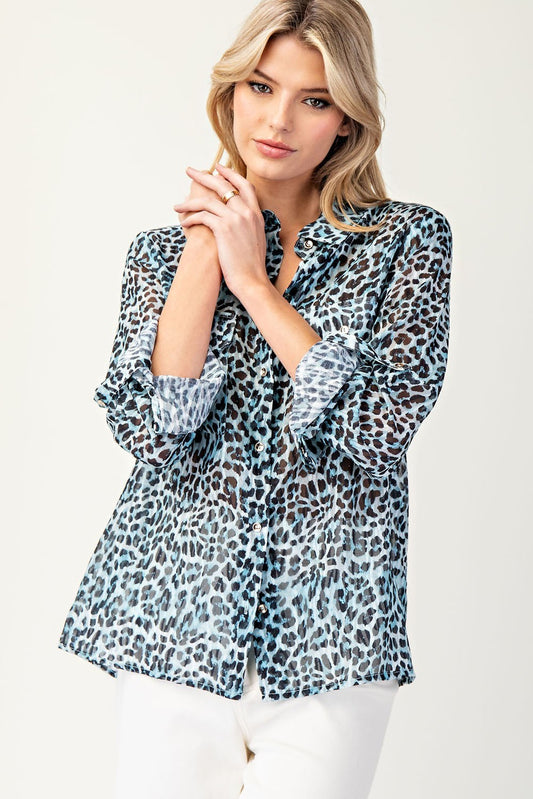 Sassy Saphire Leopard Button Down Top
