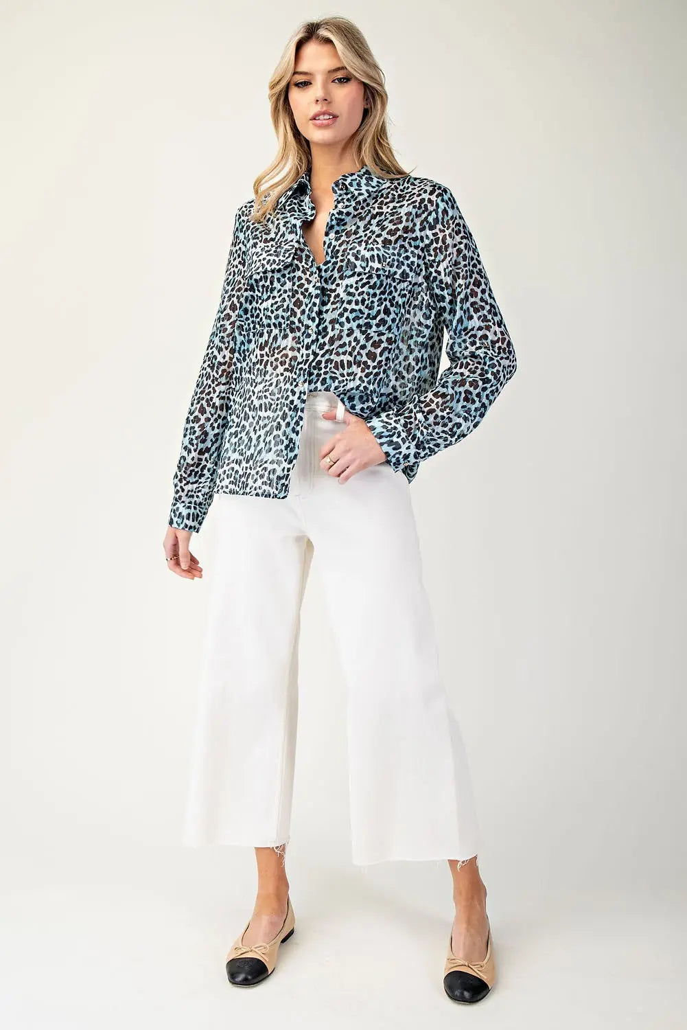 Sassy Saphire Leopard Button Down Top