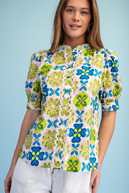 Feeling Retro Blouse-Blue/Green