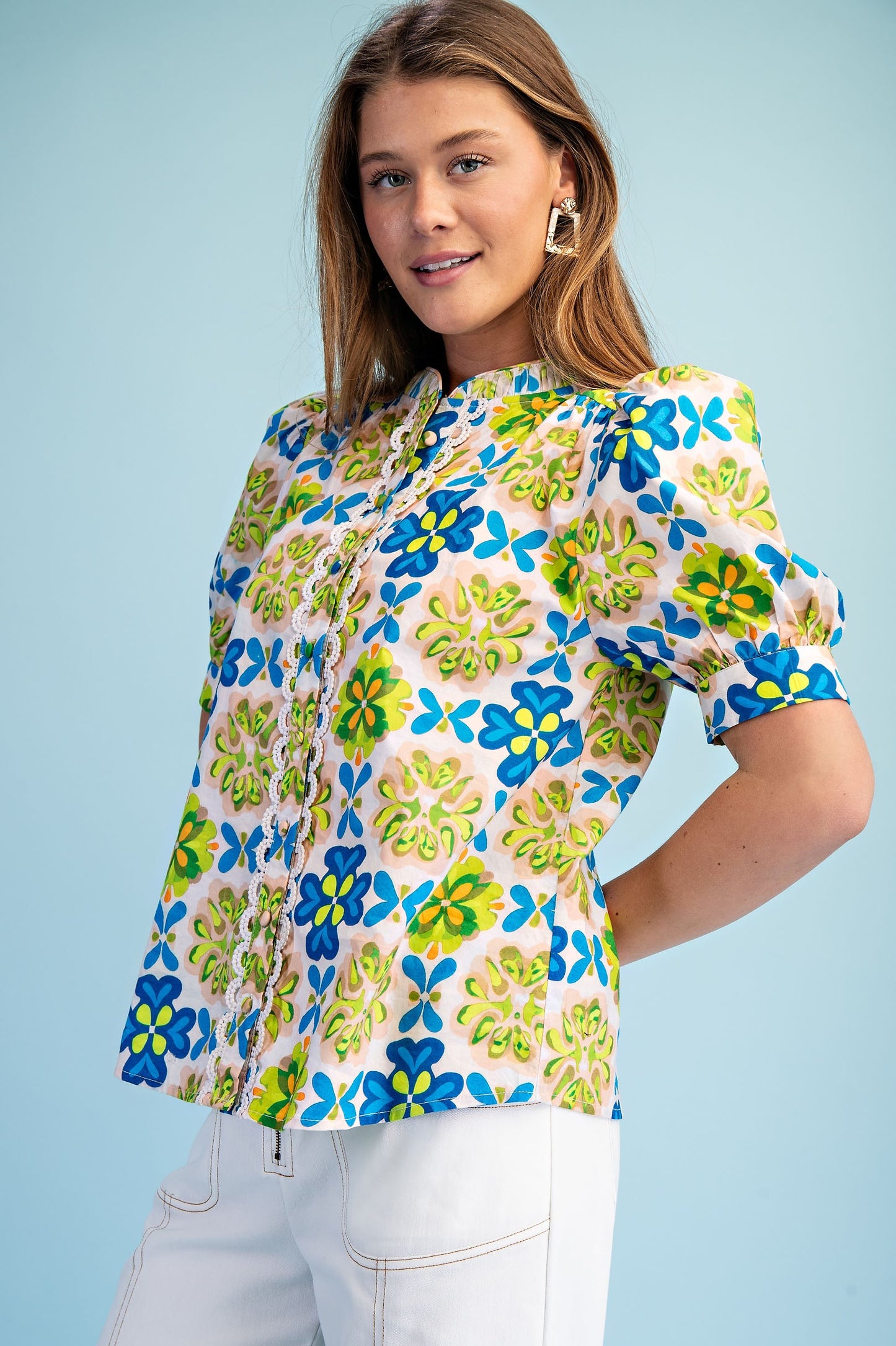 Feeling Retro Blouse-Blue/Green