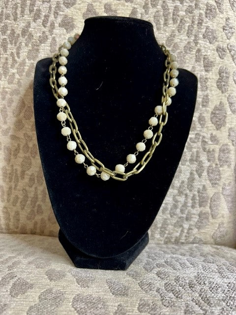 Antique Brass and Cream Bead Necklace