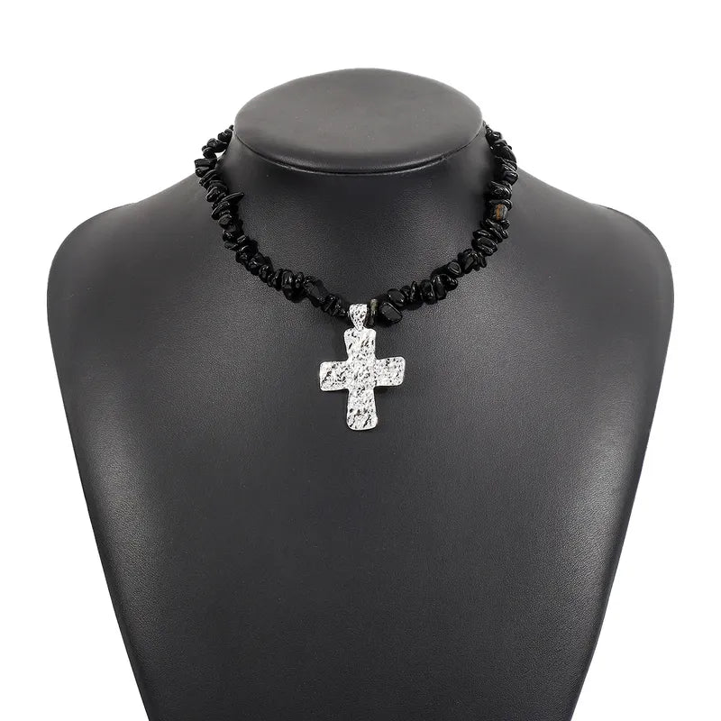 Black Stone Cross Necklace