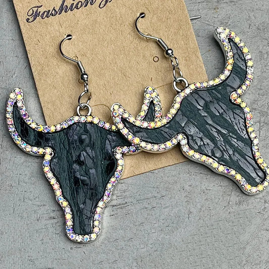 Cow Skull Earrings-Black with Rhinestones