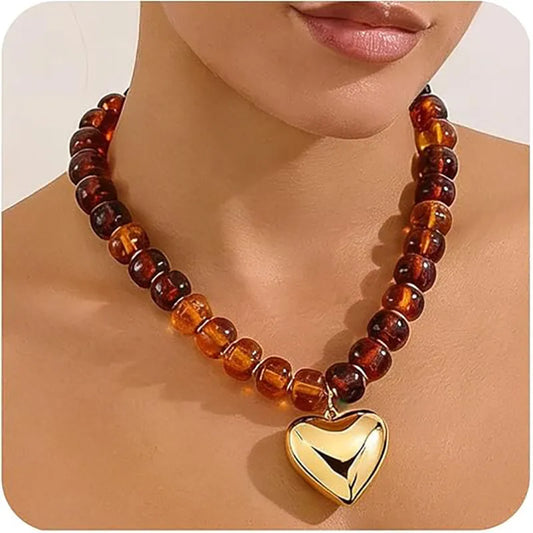 Brown Beaded Heart Pendant Necklace