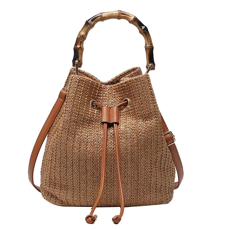 Summer Straw Drawstring Bag-Latte