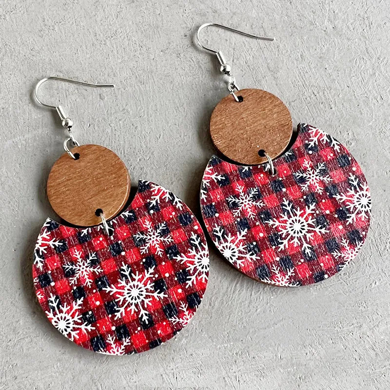 Christmas Ornament Earrings Red and Black Plaid with Snowflakes