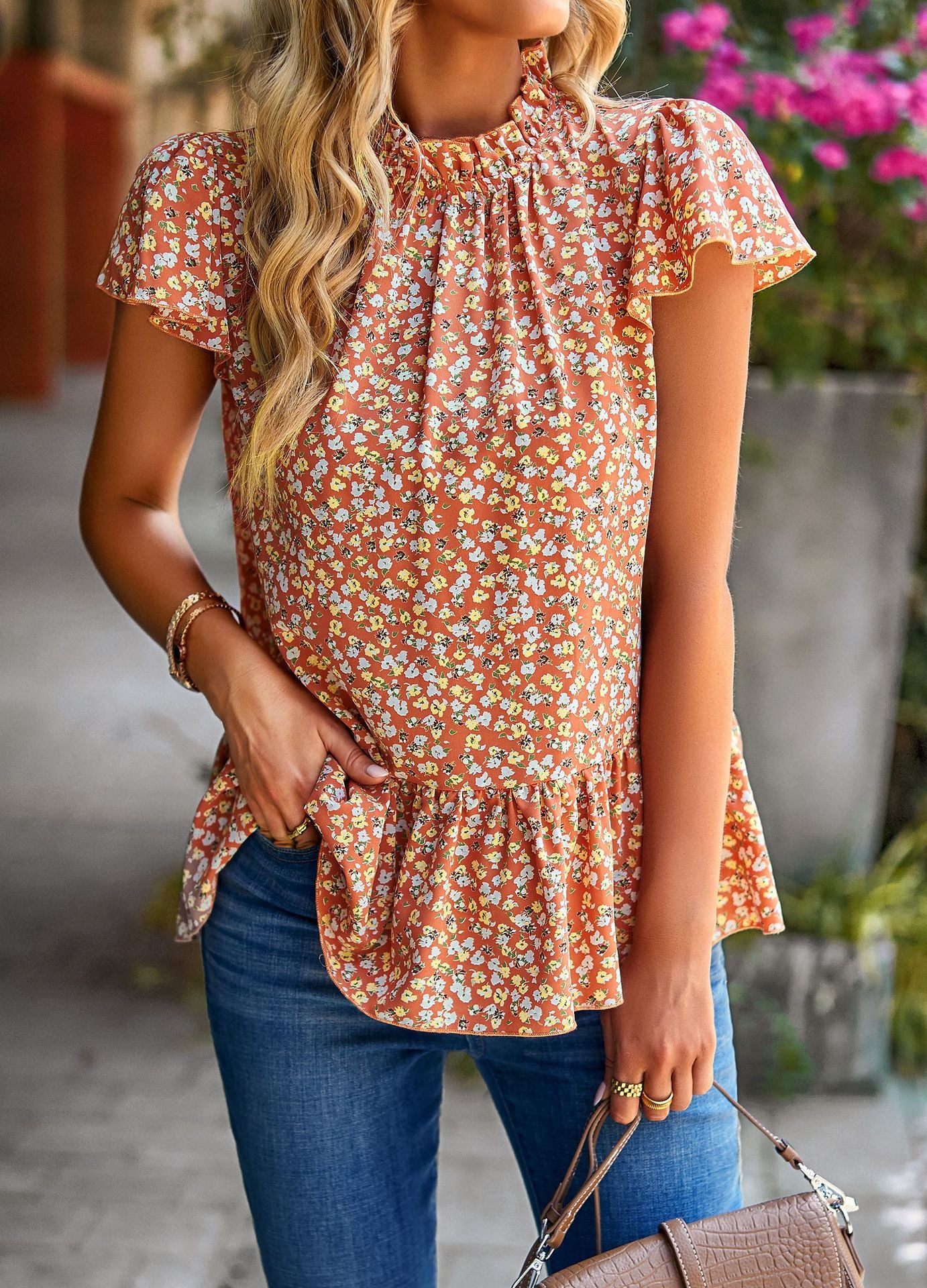 Fall Florals Short Sleeve Top-Rust