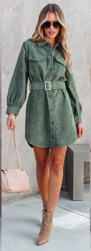 Madeline Cord Mini Dress-Green