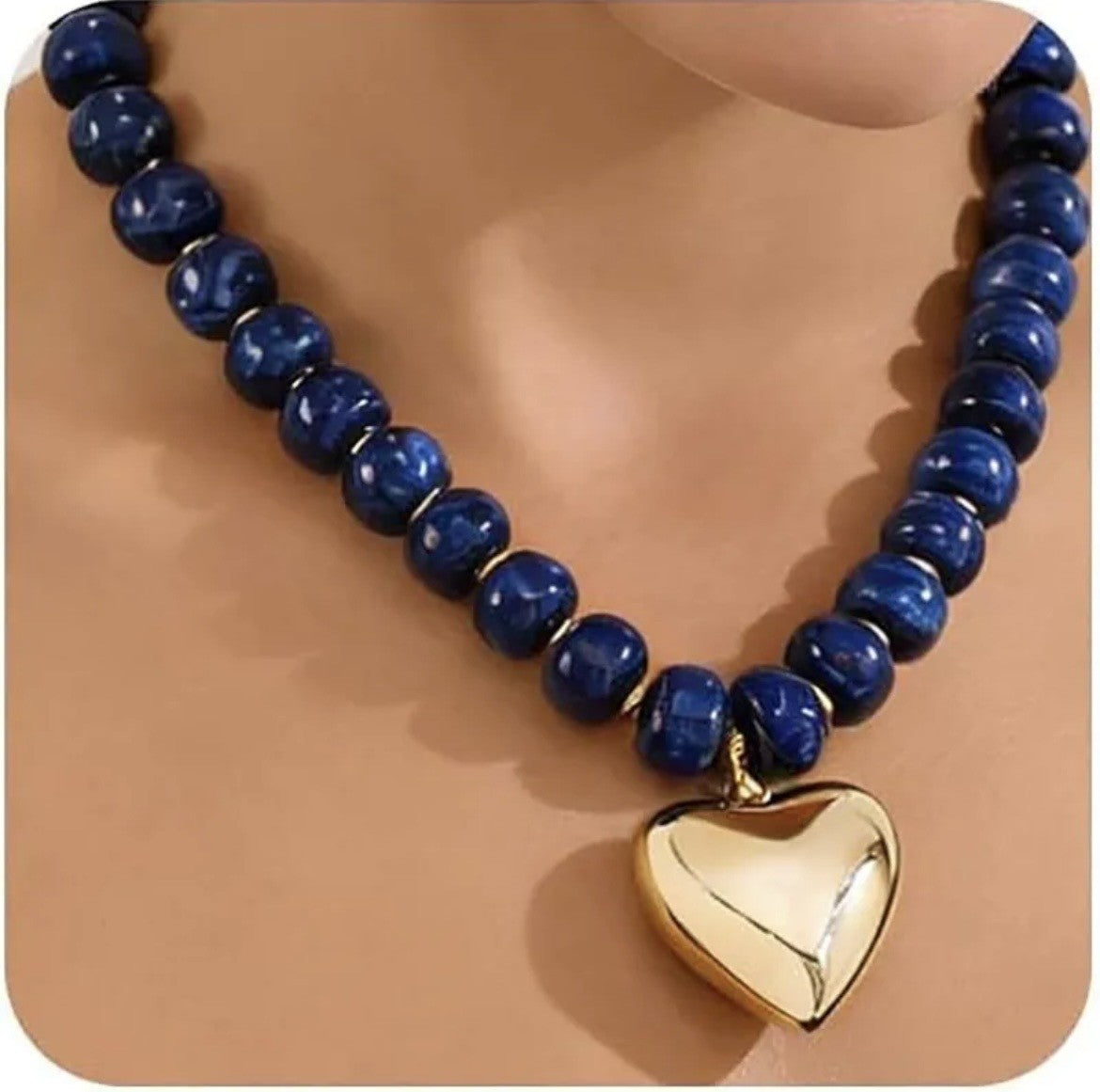 Navy Blue Necklace with Gold Heart