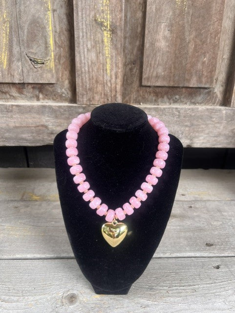 Pink Necklace with Gold Heart