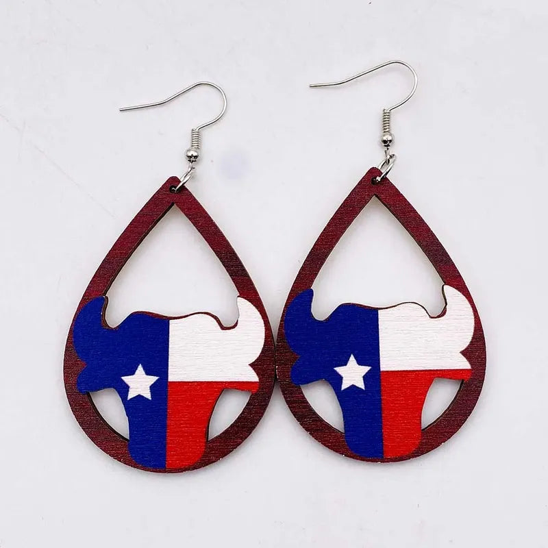 Patriotic Earrings- US Flag, Tx Cows Skull, LOVE, Star