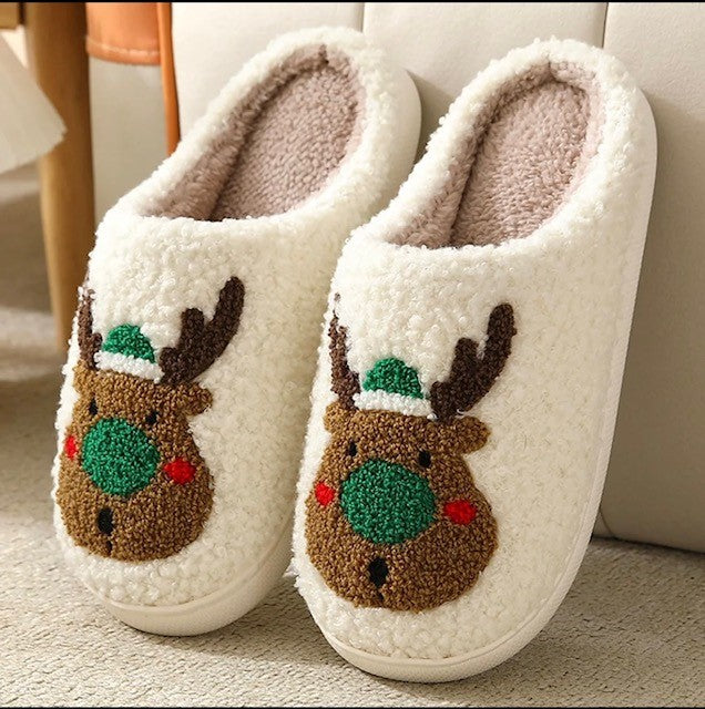 Christmas Reindeer Slippers-Green Nose