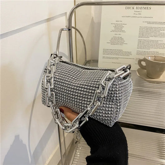 Glitzy Bag with Silver Chain-Silver or Black
