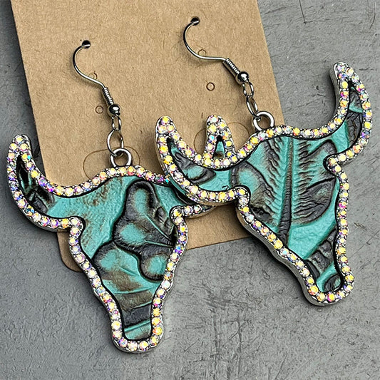 Cow Skull Earrings-Turquoise and Rhinestone