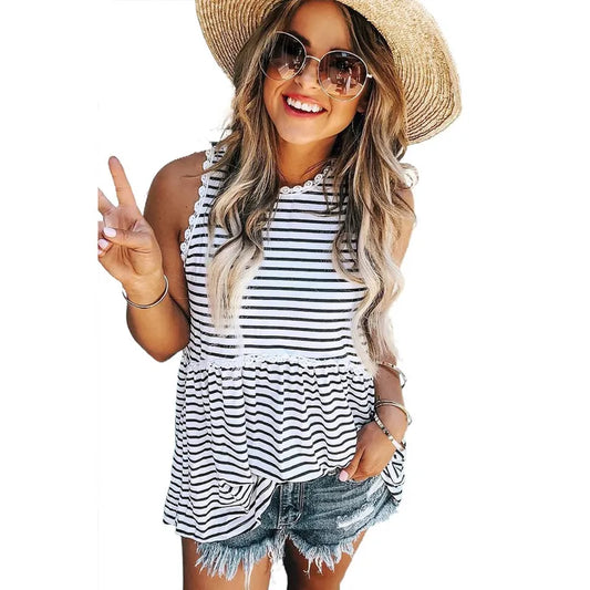 Summer Sailing Sleeveless Top-White with Black Stripes