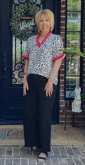 Rachel in Red and Pink Ruffle Top