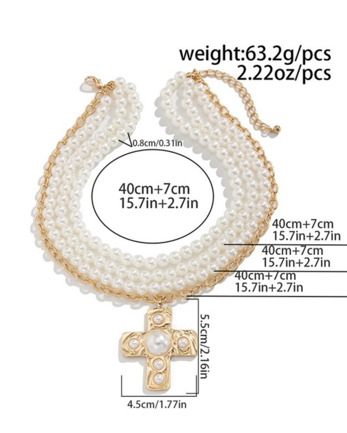 Cross Alloy Pendant Pearl Beaded Necklace in Gold or Silver