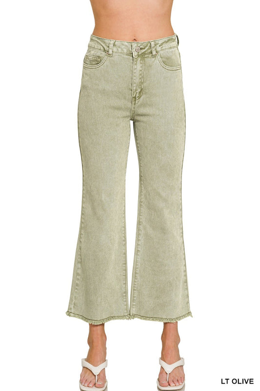 Acid Washed Frayed Hem Jeans-Light Olive