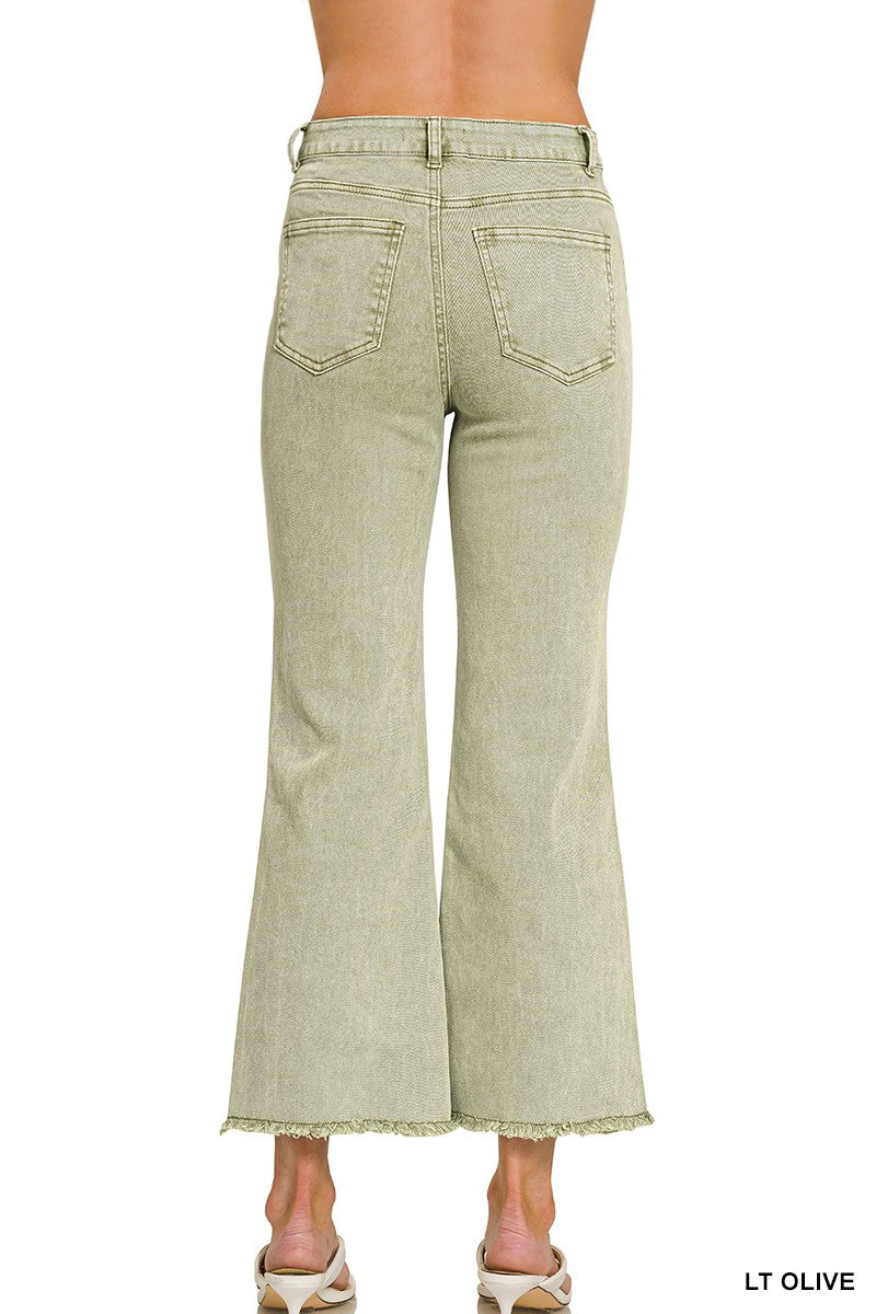 Acid Washed Frayed Hem Jeans – Light Olive