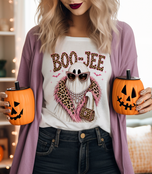 Boojee Ghost Boa Halloween T-Shirt with Rhinestones