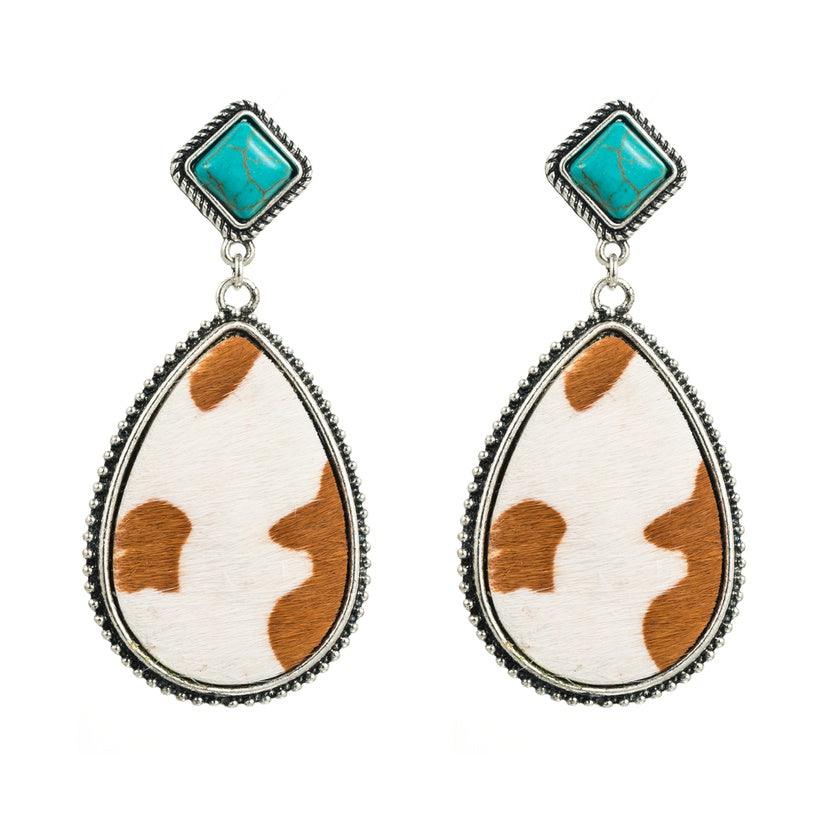 Cowprint/Turquoise Earrings--Light-LAST PAIR