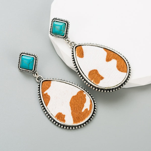 Cowprint/Turquoise Earrings--Light-LAST PAIR