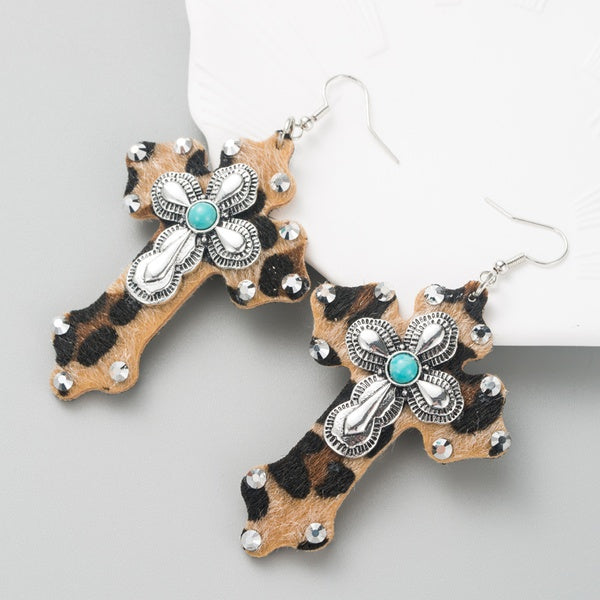 Earrings-Mixed Print Cross Bling