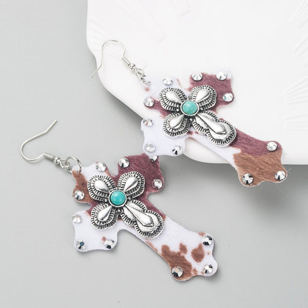 Earrings-Mixed Print Cross Bling