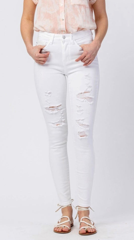 Judy Blue Mid Rise White Destroyed Skinny Jeans-SALE ITEM LAST 1